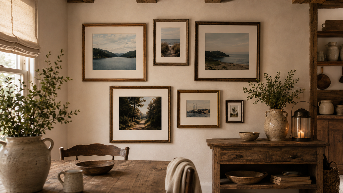 A styled interior scene showing a gallery wall with five framed landscape photographs in warm wood frames, hung above a rustic wooden dining table. The room has beige walls, a window with a beige roller shade, a large ceramic planter with greenery, a wooden sideboard with dishes, and a candle holder.