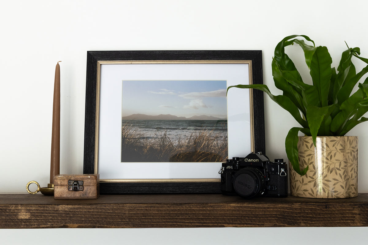 A framed landscape photograph of a beach and distant mountains, styled on a wooden shelf next to a black camera, a tall wooden candle holder, and a potted green plant against a white wall.